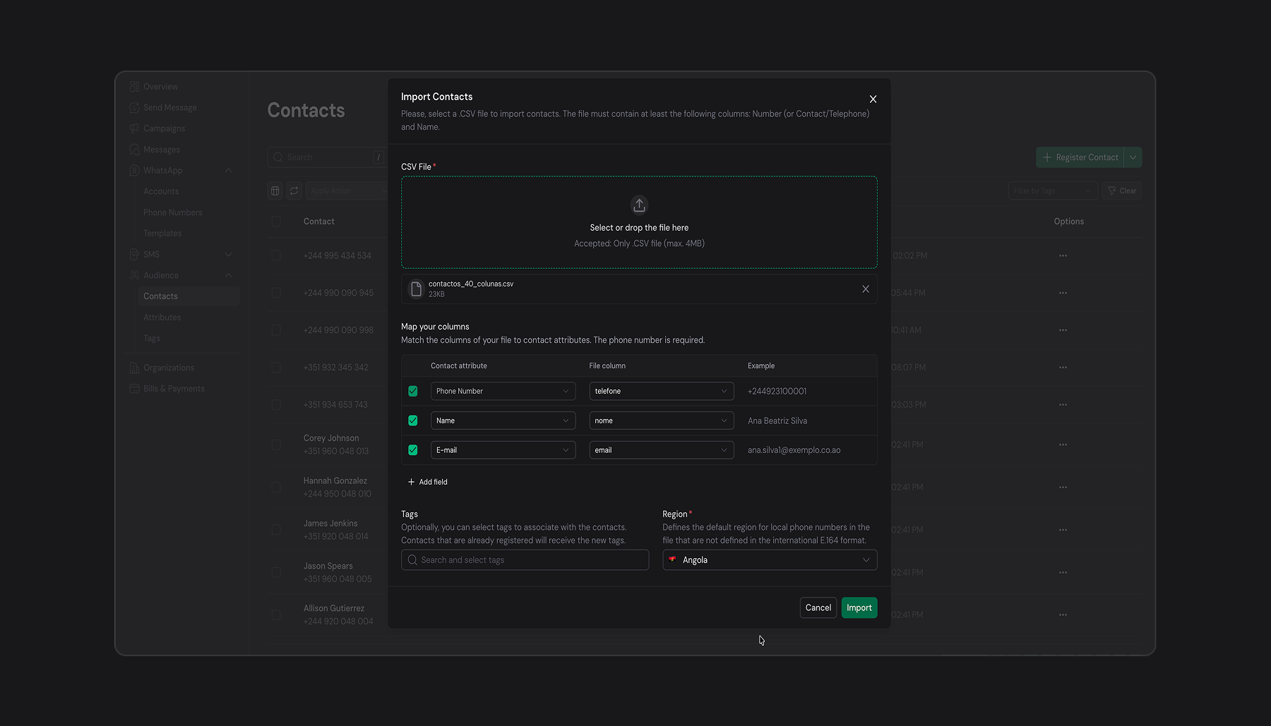 Contact import with attribute mapping